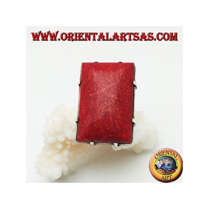 Anillo rectangular de plata con conjunto de madrepora roja (coral) (tamaño libre)