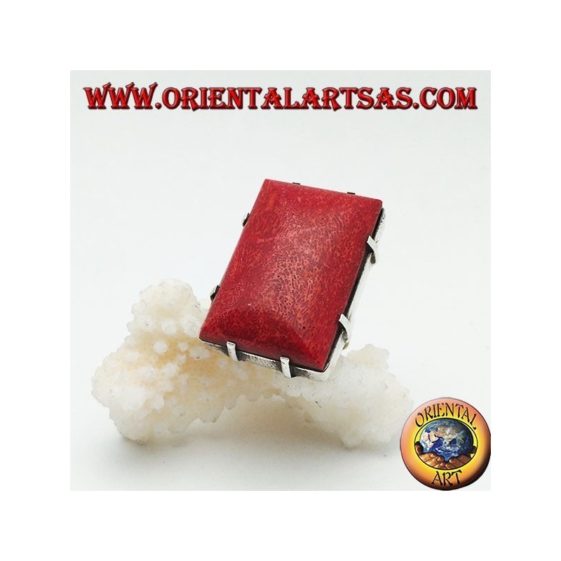 Rechteckiger Silberring mit rotem Madrepora-Set (Koralle) (Freesize)