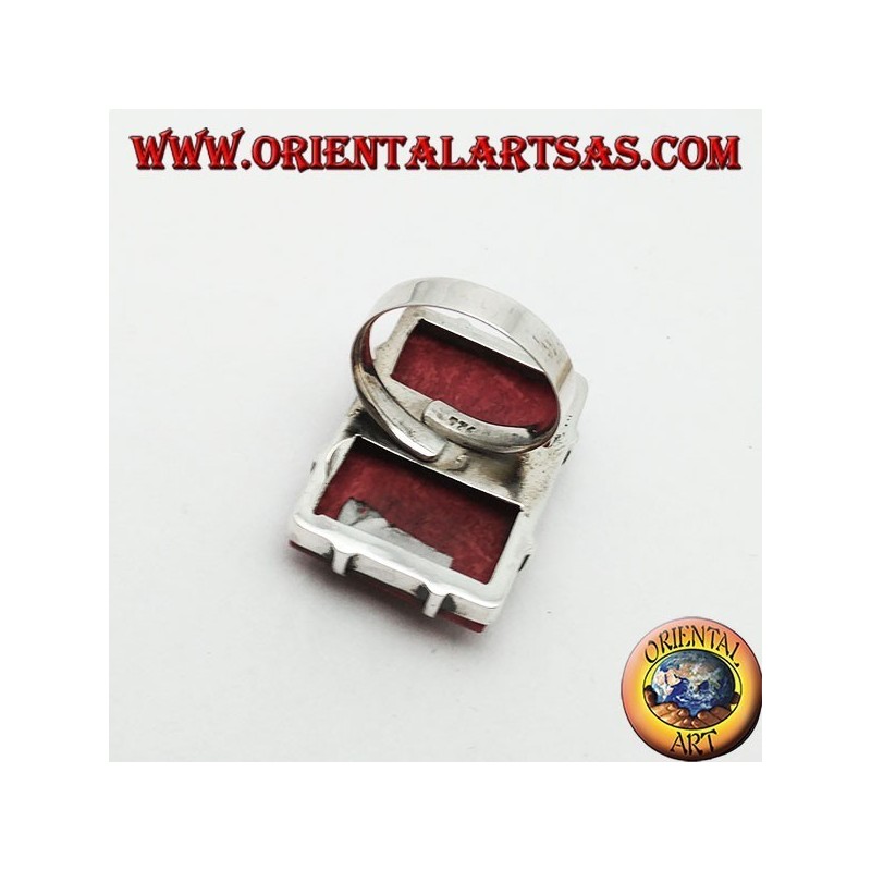 Rectangular silver ring with red madrepora (coral) set (freesize)