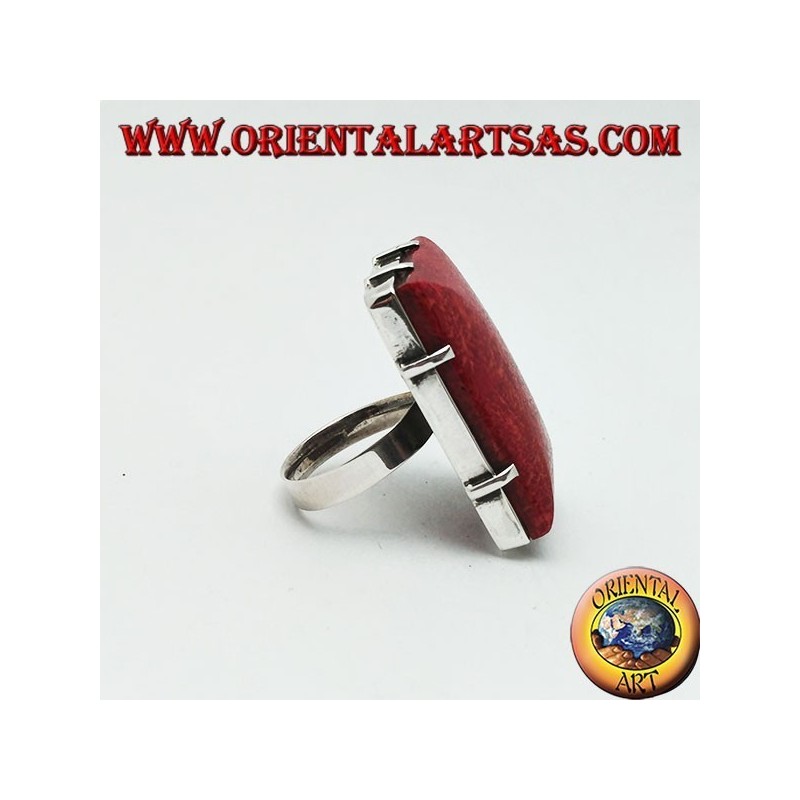 Anello in argento con madrepora rossa (corallo) rettangolare incastonata regolabile (freesize)