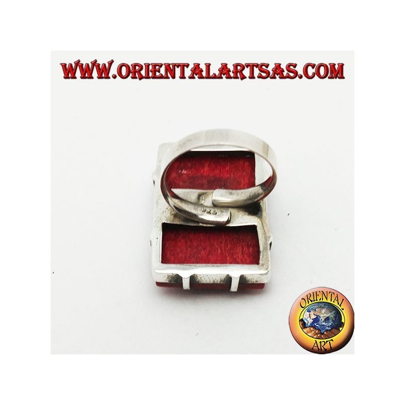 Rectangular silver ring with red madrepora (coral) set (freesize)