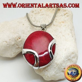 Oval red (coral) madrepora silver pendant crossed by two silver bands