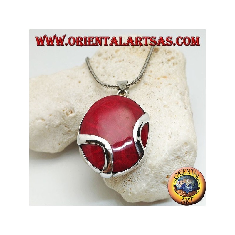 Pendentif en argent madrepora ovale rouge (corail) traversé par deux bandes d'argent