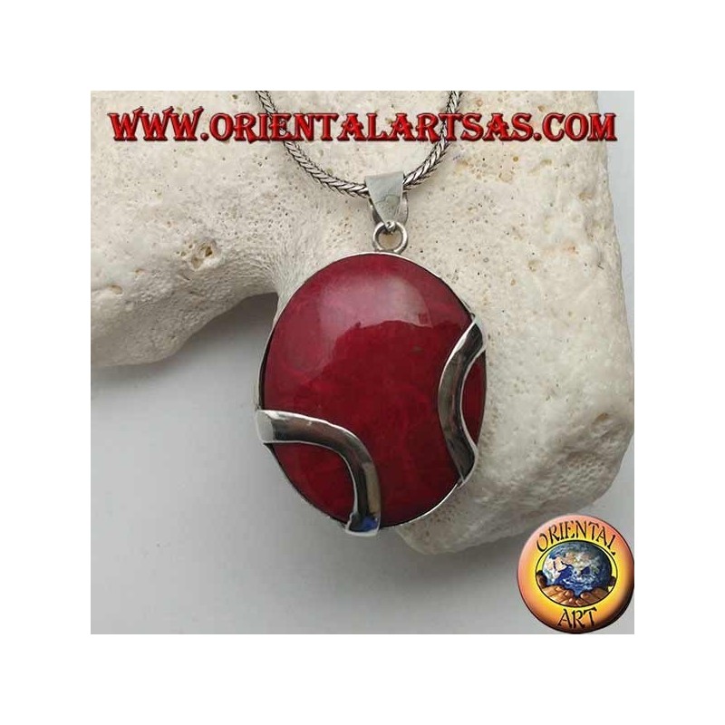 Colgante de plata madrepora rojo oval (coral) cruzado por dos bandas de plata