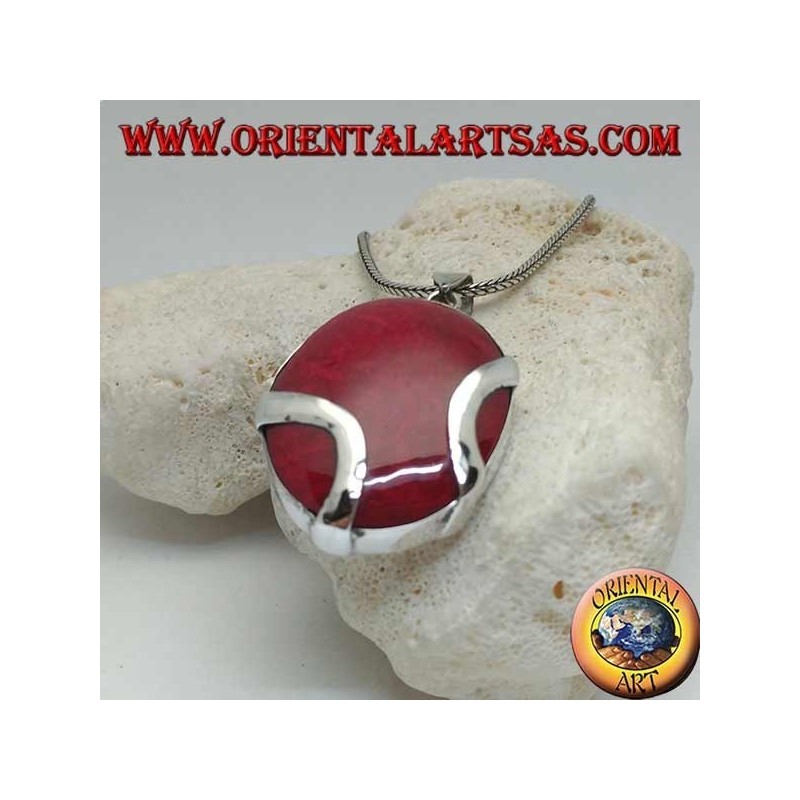 Ciondolo in argento madrepora rossa (corallo) ovale attraversata da due fascette d'argento