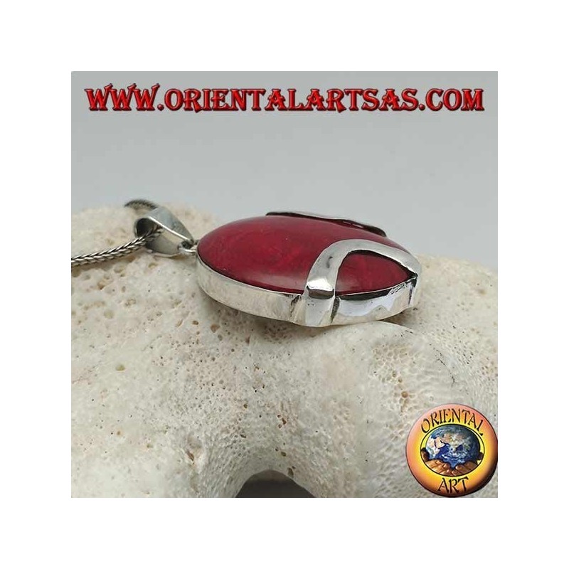 Pendentif en argent madrepora ovale rouge (corail) traversé par deux bandes d'argent