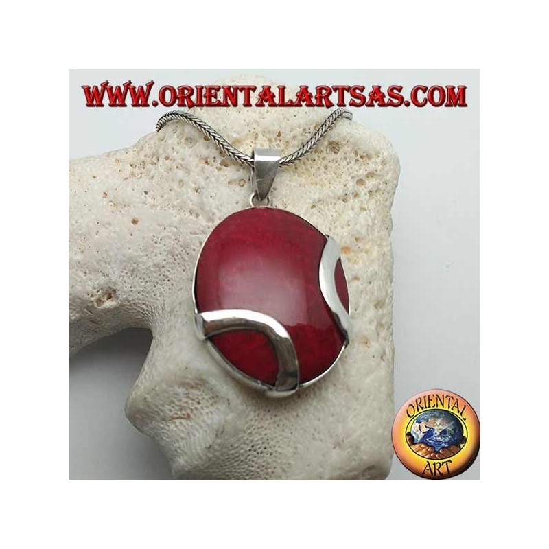 Ciondolo in argento madrepora rossa (corallo) ovale attraversata da due fascette d'argento
