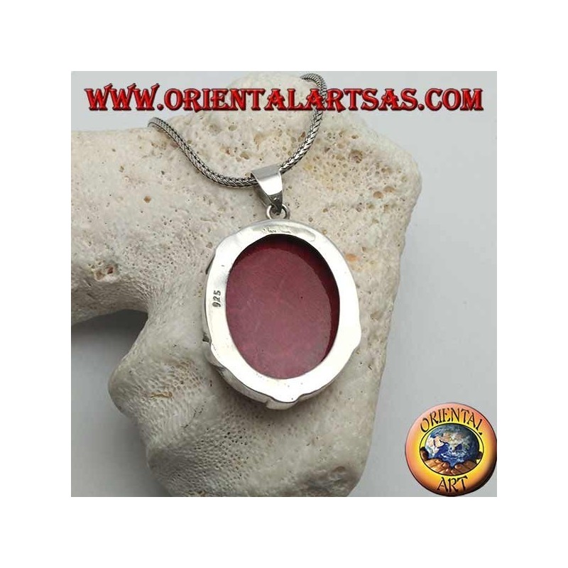 Oval red (coral) madrepora silver pendant crossed by two silver bands