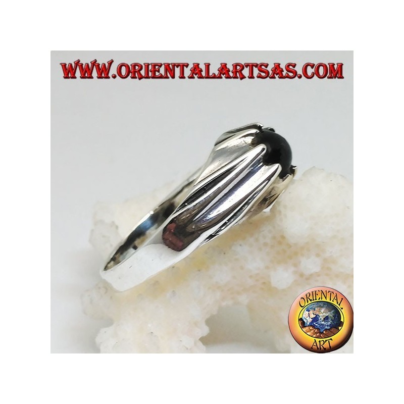 Silver onyx sphere ring set on a protruding frame