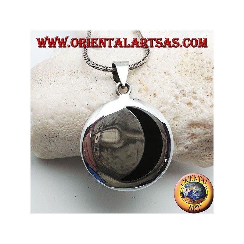 Pendentif médaillon en argent lisse avec croissant onyx