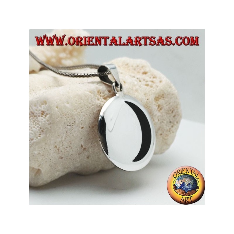 Smooth silver medallion pendant with onyx crescent