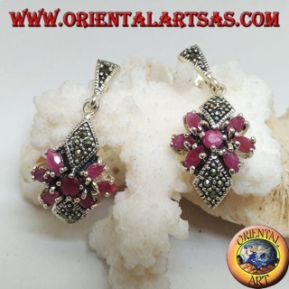 Silver earrings with round ruby in a star of natural oval rubies and two marcasite rhombuses