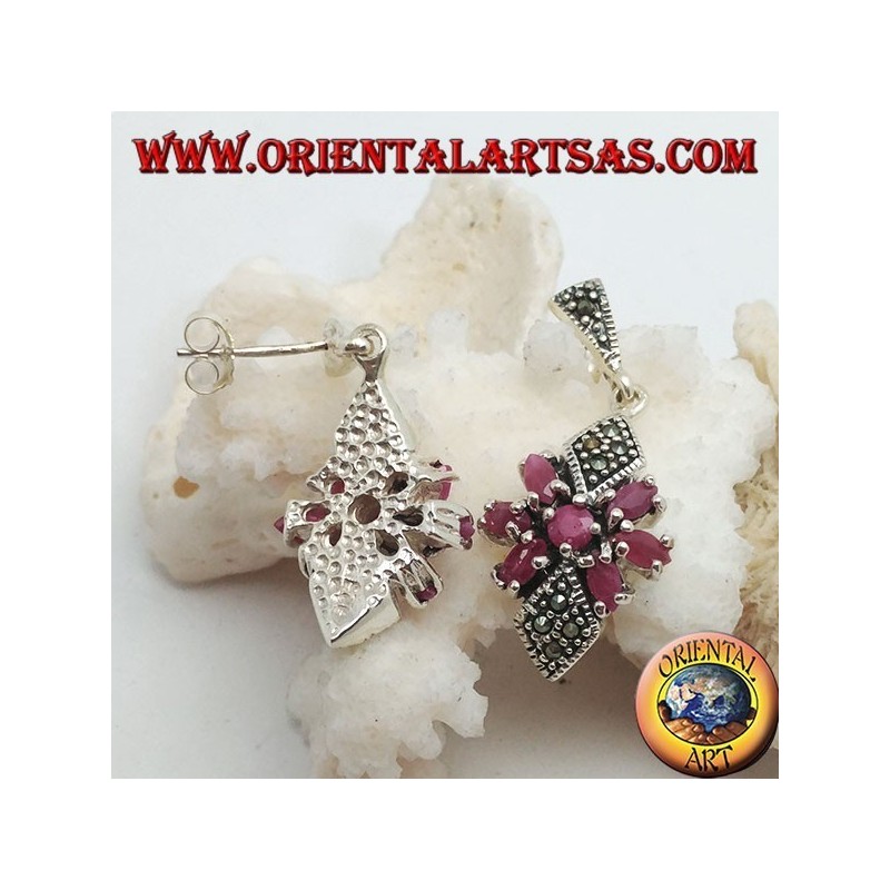 Silver earrings with round ruby in a star of natural oval rubies and two marcasite rhombuses