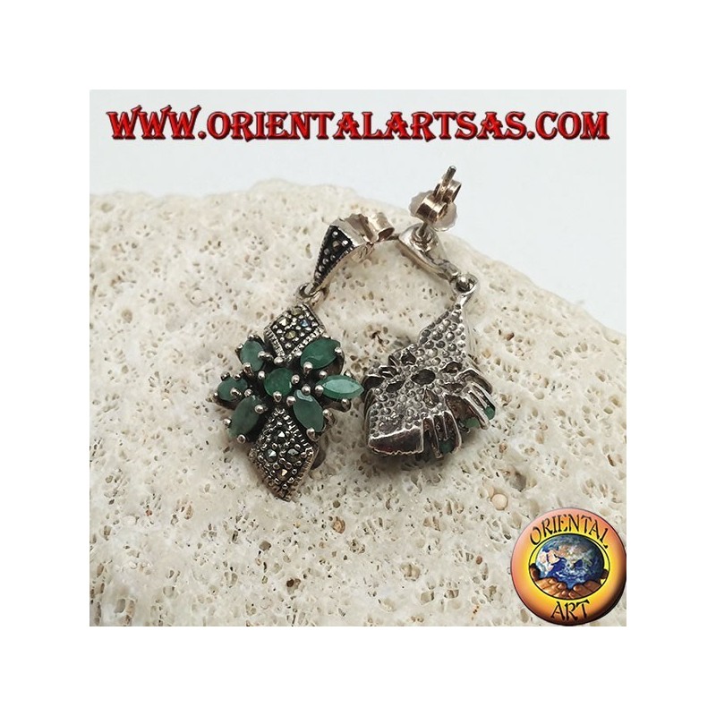 Silver earrings with round emerald in a star of natural oval emeralds and two marcasite rhombuses