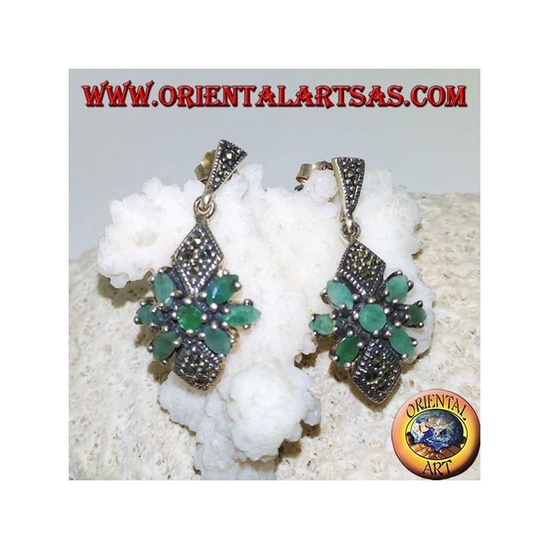 Silver earrings with round emerald in a star of natural oval emeralds and two marcasite rhombuses