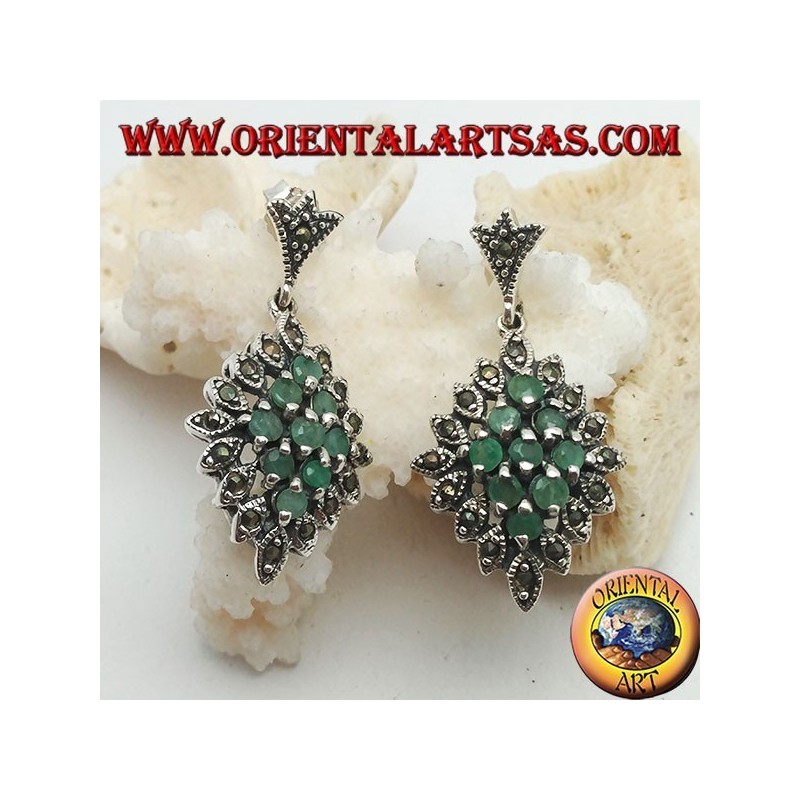 Silver rhombus earrings of 9 natural round emeralds set surrounded by marcasite