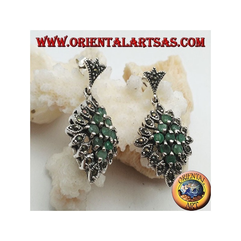 Silver rhombus earrings of 9 natural round emeralds set surrounded by marcasite