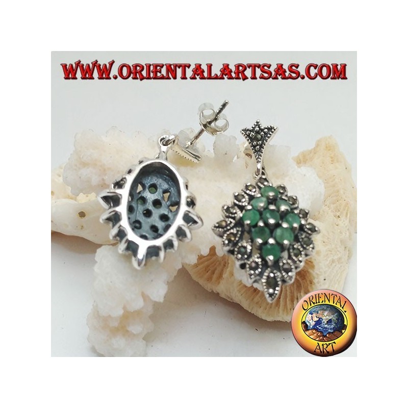 Silver rhombus earrings of 9 natural round emeralds set surrounded by marcasite