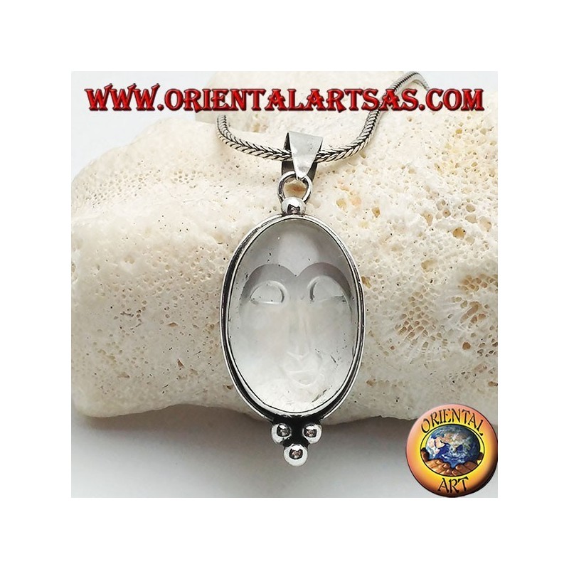 Silver pendant with sun sun set on an oval rock crystal and three balls below