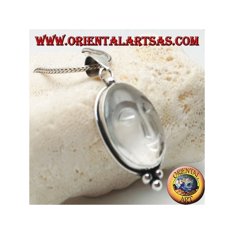 Silver pendant with sun sun set on an oval rock crystal and three balls below