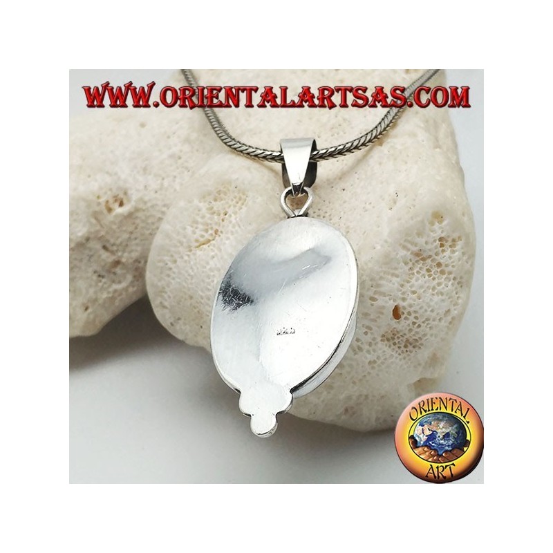 Pendentif en argent avec soleil creusé sur un cristal de roche ovale et trois boules en dessous