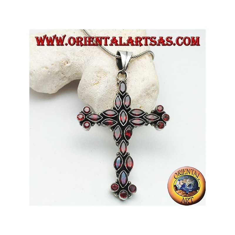 Large silver Christian cross pendant made of natural shuttle and round garnets