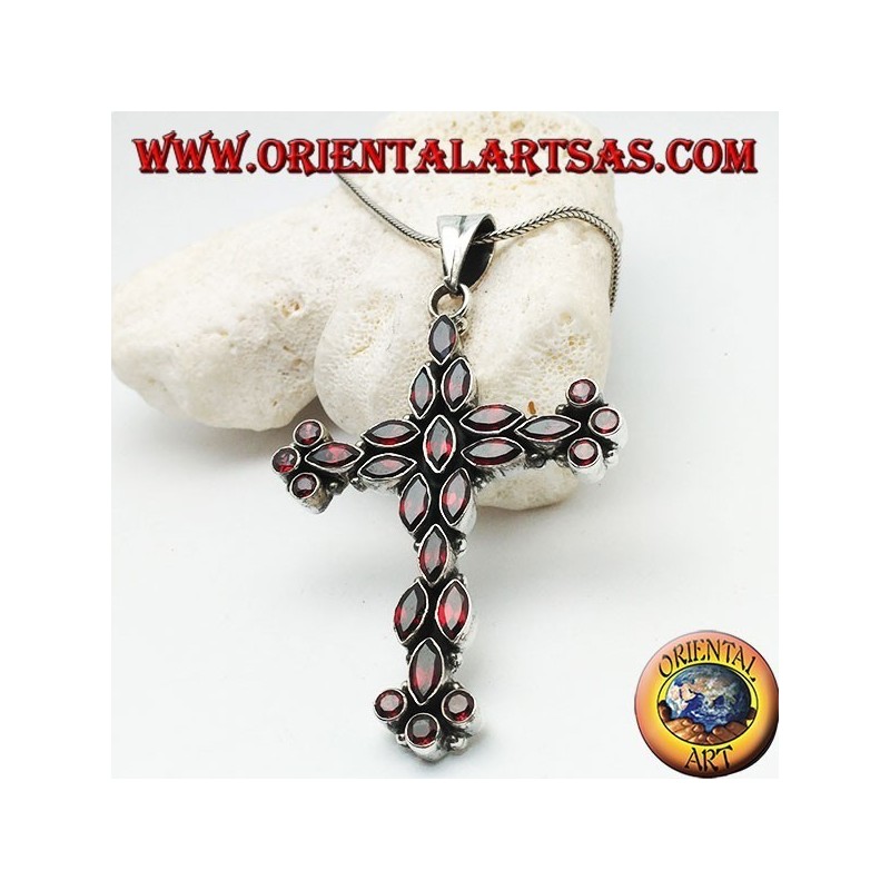 Large silver Christian cross pendant made of natural shuttle and round garnets