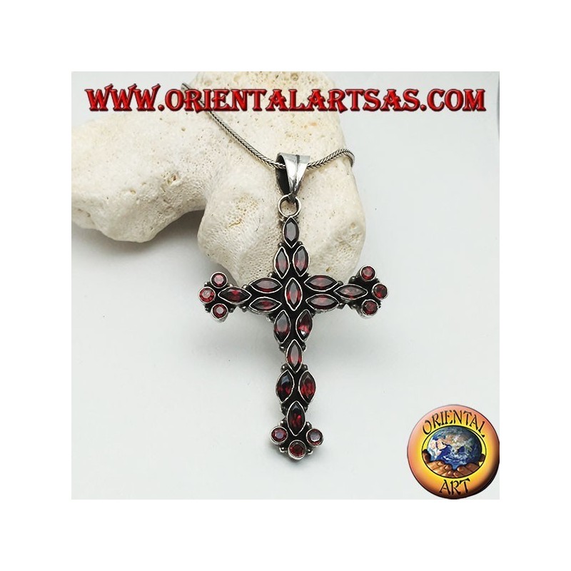 Large silver Christian cross pendant made of natural shuttle and round garnets