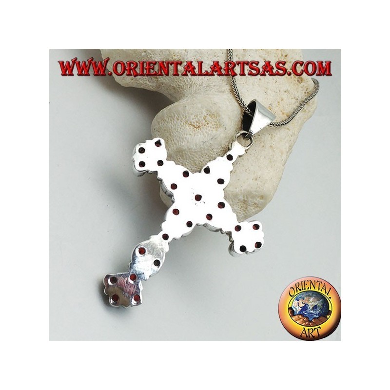 Ciondolo in argento croce cristiana grande di granati naturali a navetta e tondi