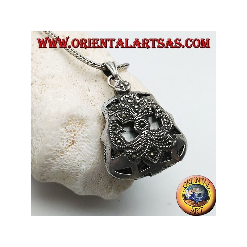 Silver pendant with pocket quartz clock with perforated decorations studded with marcasite