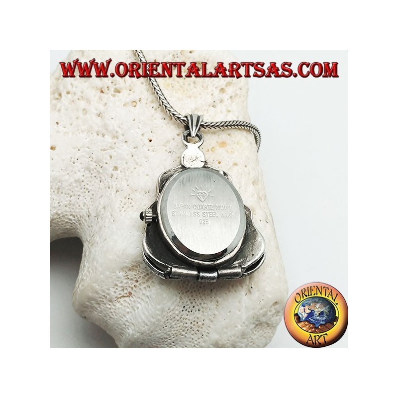 Silver pendant with pocket quartz clock with perforated decorations studded with marcasite