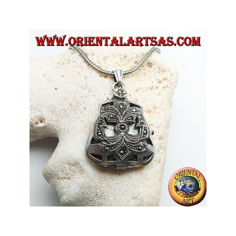 Silver pendant with pocket quartz clock with perforated decorations studded with marcasite