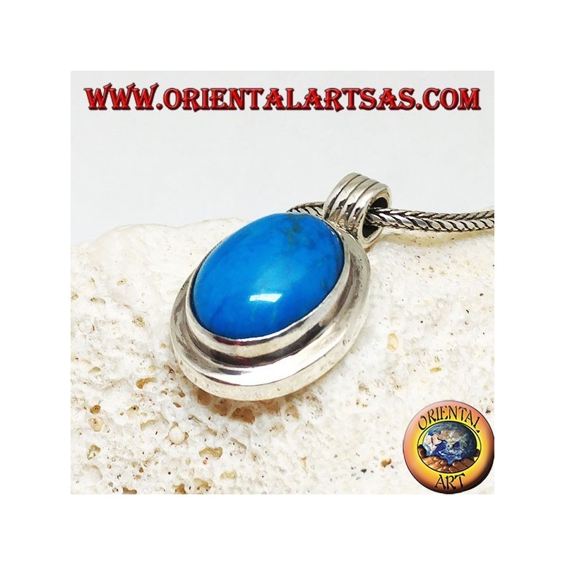 Ciondolo in argento con turchese ovale cabochon su montatura liscia spessa e gancio rigato
