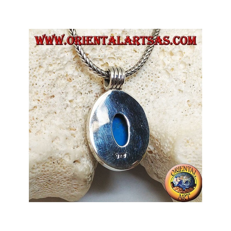 Ciondolo in argento con turchese ovale cabochon su montatura liscia spessa e gancio rigato