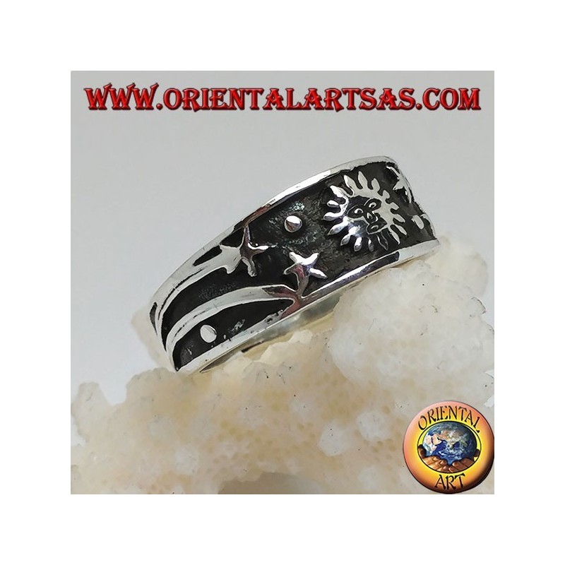 Anillo en plata con estrellas de sol y cometa en bajorrelieve