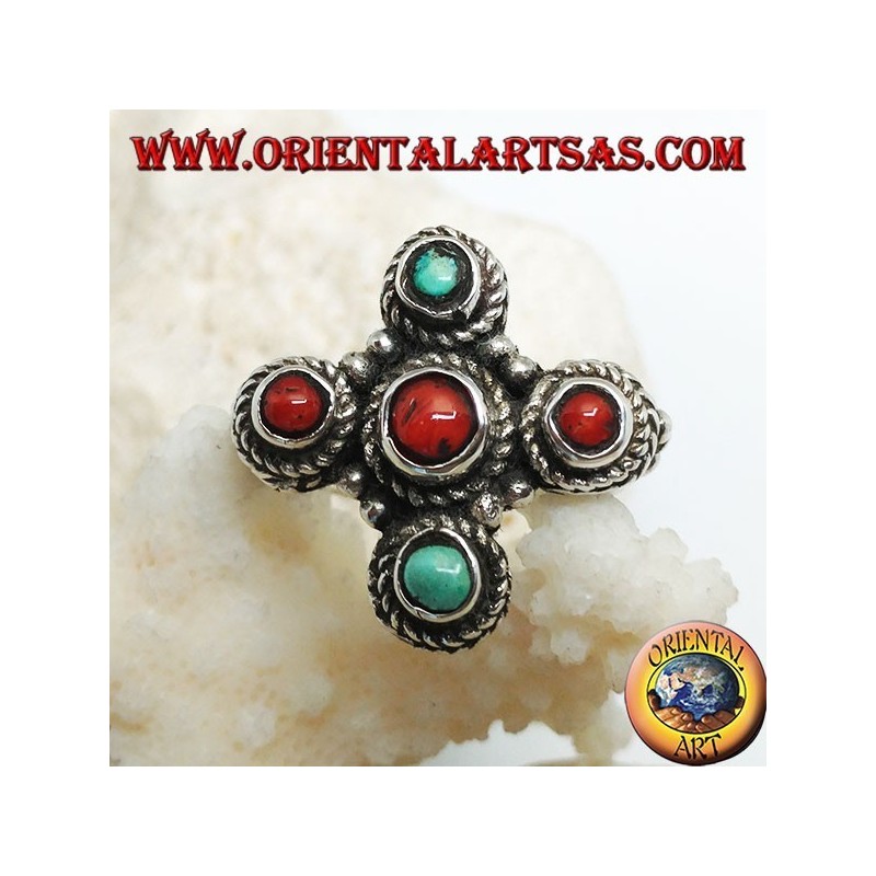 Silver ring with three corals and two natural turquoise of Tibetan origin arranged in a Greek cross