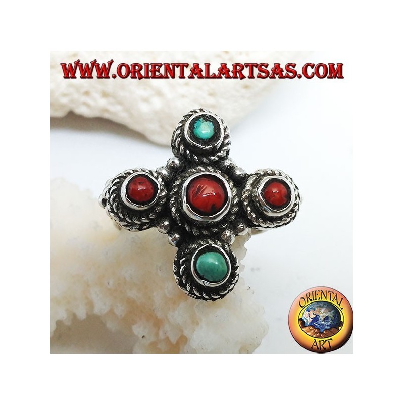 Bague en argent avec trois coraux et deux turquoises naturelles d'origine tibétaine disposées en croix grecque