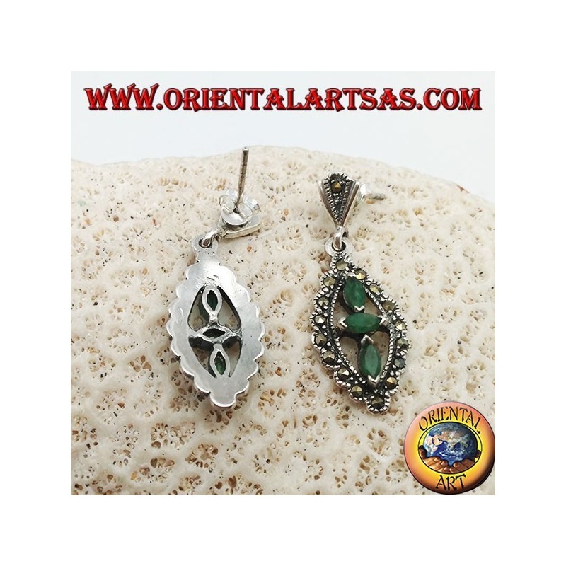 Silver earrings with three natural oval emeralds in a marcasite rhombus