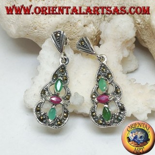 Silver earrings with 2 emeralds and a natural oval ruby in a round marcasite pyramid