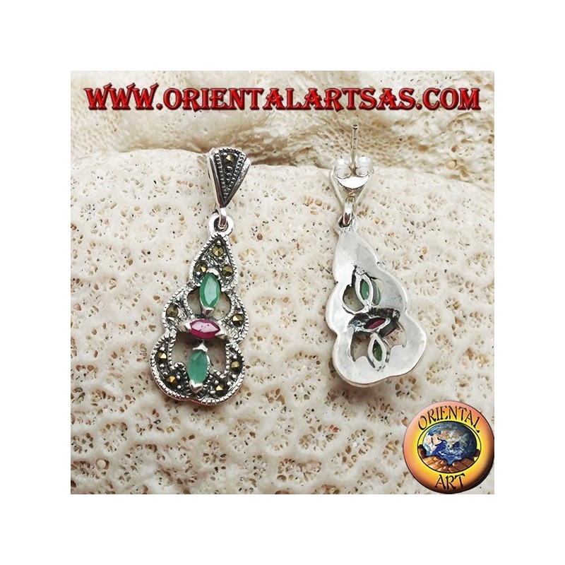Silver earrings with 2 emeralds and a natural oval ruby in a round marcasite pyramid