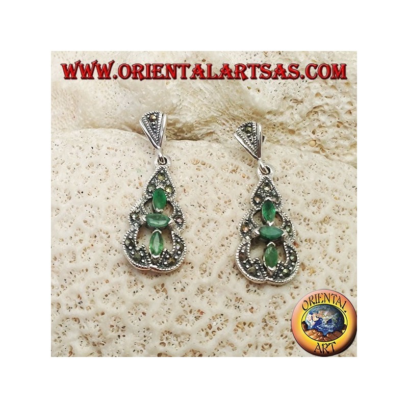 Silver earrings with 3 natural oval emeralds in a round marcasite pyramid