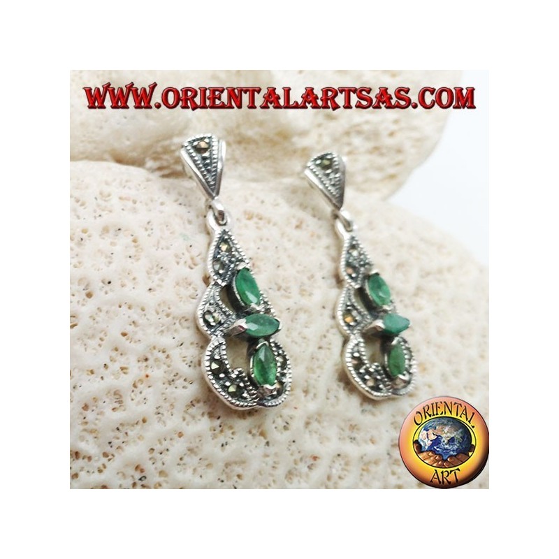 Silver earrings with 3 natural oval emeralds in a round marcasite pyramid