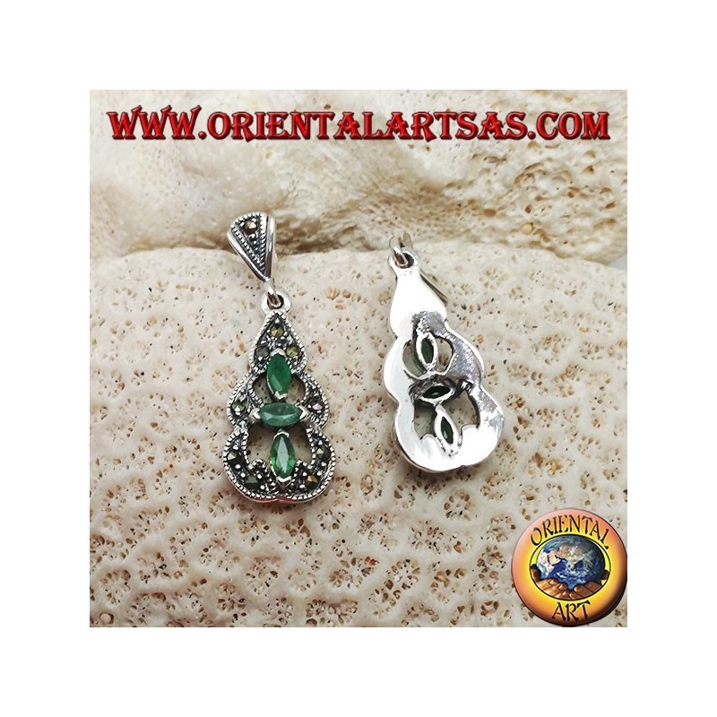 Silver earrings with 3 natural oval emeralds in a round marcasite pyramid