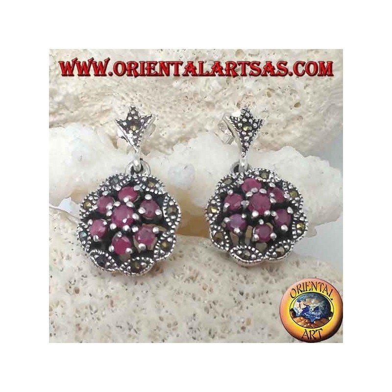 Boucles d'oreilles en argent avec triple cercles concentriques de rubis ronds naturels sertis et marcassite navette