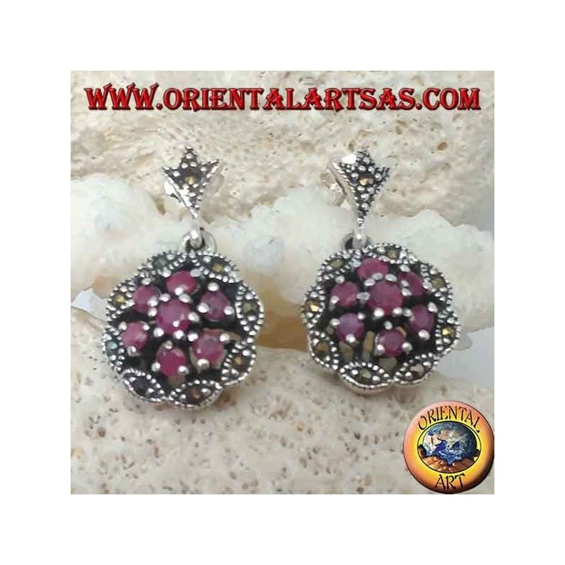 Silver earrings with triple concentric circles of natural round rubies set and shuttle marcasite