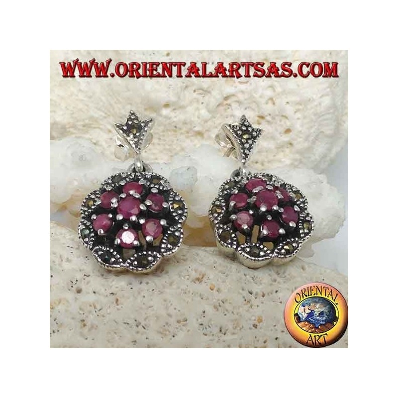Silver earrings with triple concentric circles of natural round rubies set and shuttle marcasite