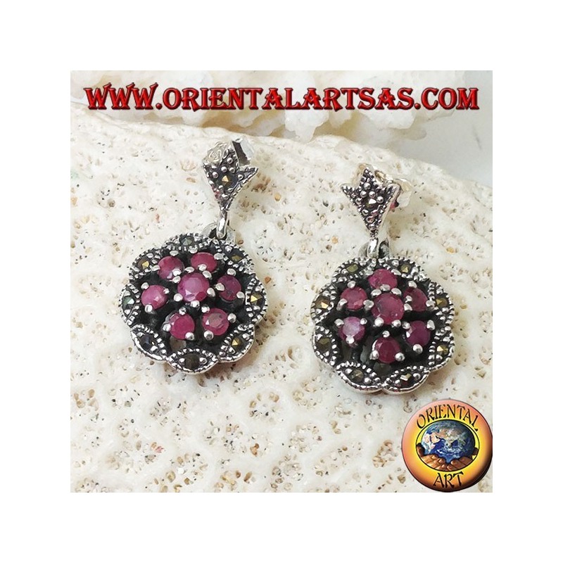 Silver earrings with triple concentric circles of natural round rubies set and shuttle marcasite