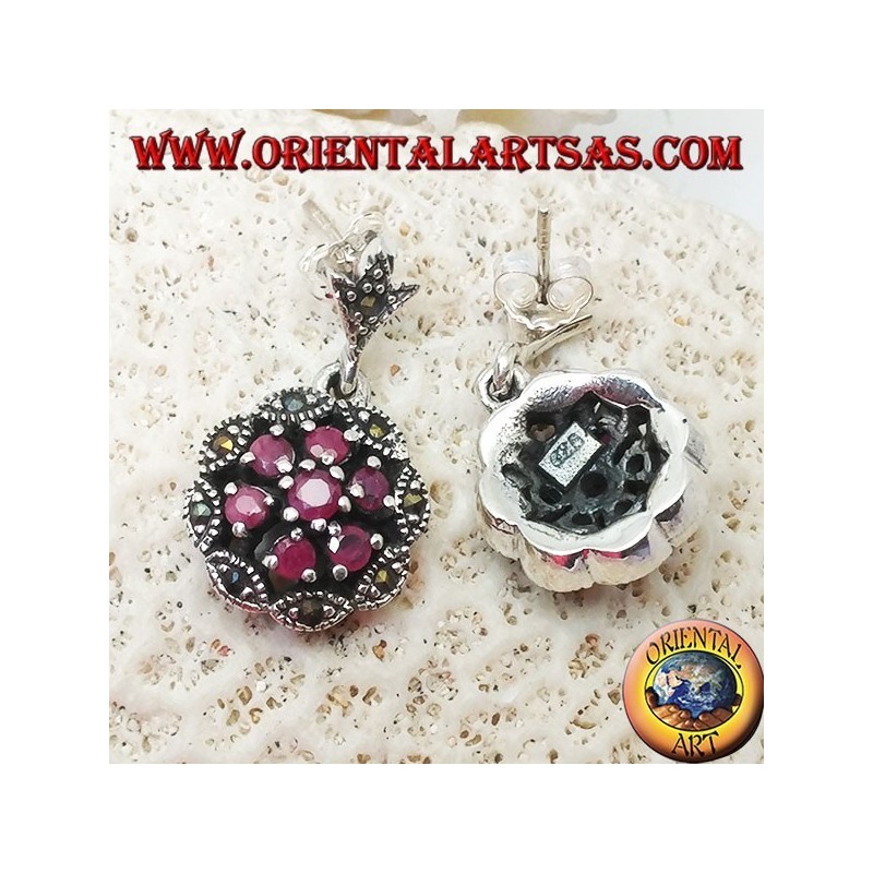 Silver earrings with triple concentric circles of natural round rubies set and shuttle marcasite