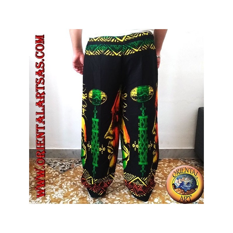 Pantalon long avec poche "Bob Marley" et bang en rayonne multicolore