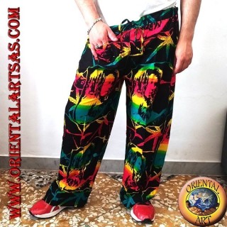 Pantaloni lunghi con taschino "Bob Marley" e foglia di marijuana multicolor in rayon
